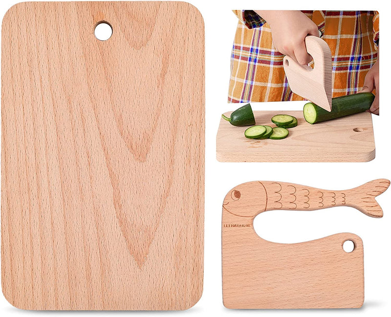 LETTO & TAILOR Wooden Kids Knife for Cooking, Children'S Safe Knives, Montessori Kitchen Tools for Toddlers, Chopper, Cutting Fruit and Vegetable (For 2-10 Years Old) Home & Garden > Kitchen & Dining > Kitchen Tools & Utensils > Kitchen Knives LETTO & TAILOR fish with cutting board  