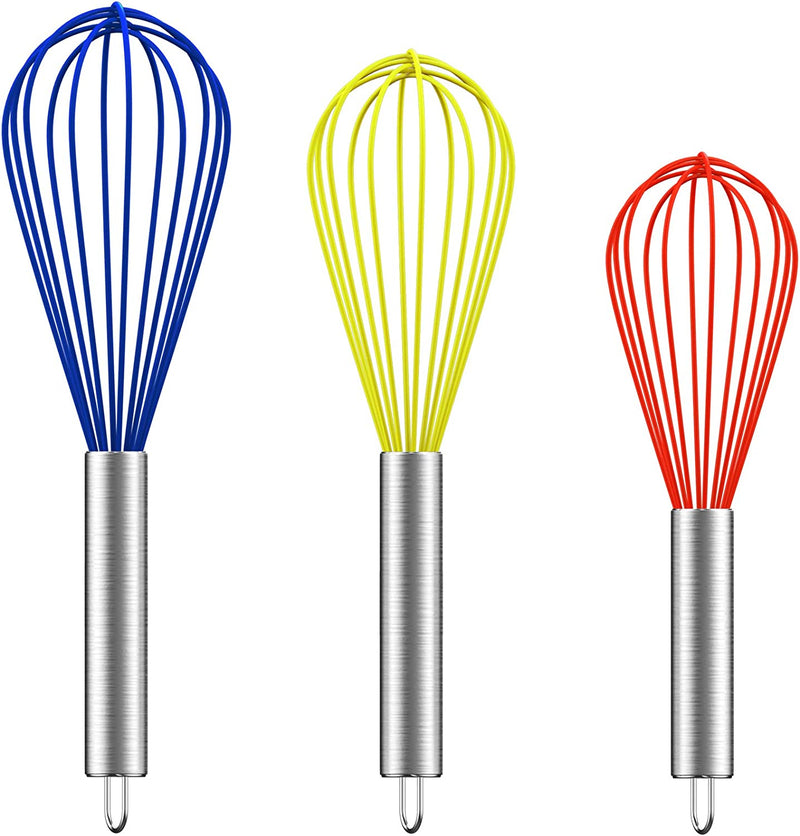 Hibery 3 Pack Silicone Whisk 8"+10"+12", (Upgraded) Stainless Handle Wisk Kitchen Tool, Sturdy Balloon Kitchen Whisks for Cooking, Blending, Whisking, Beating, Stirring