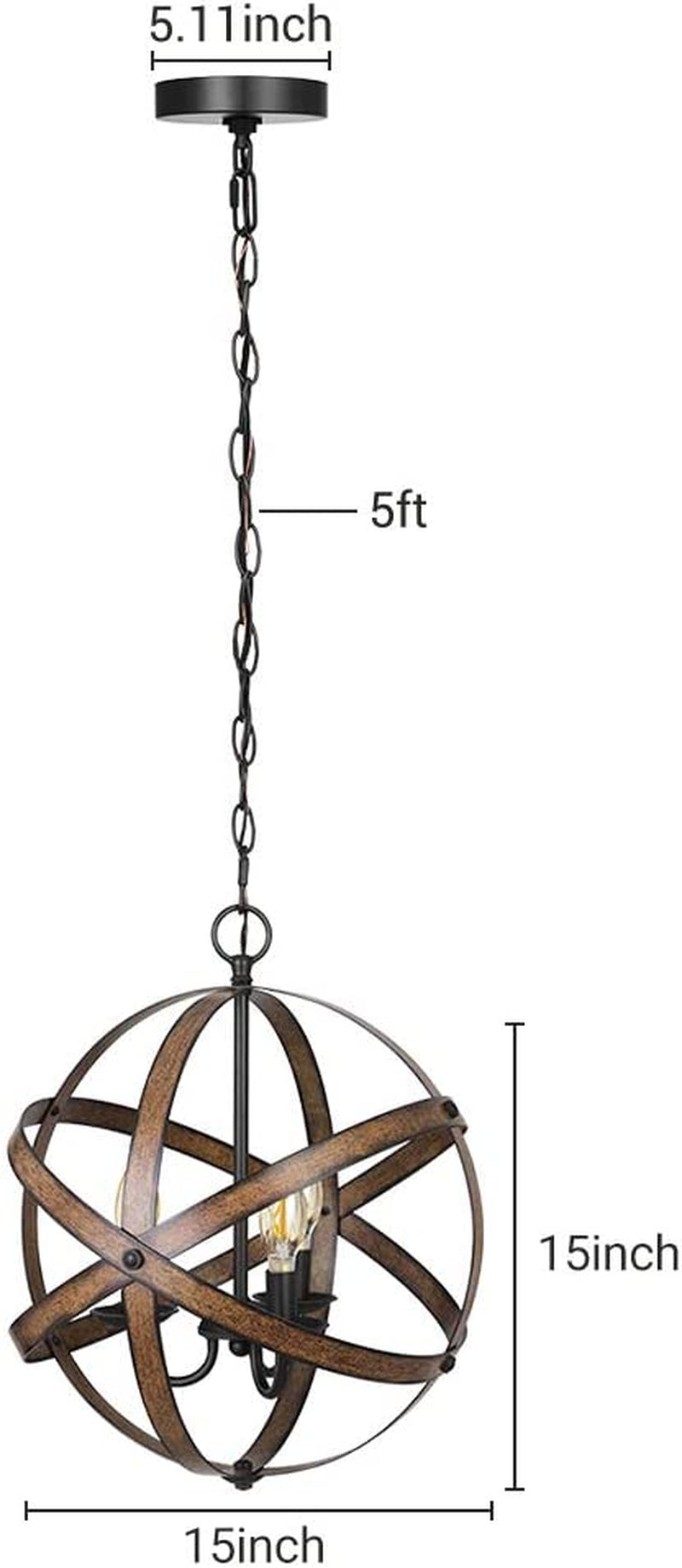 DEWENWILS Farmhouse Pendant Light, Vintage Ceiling Light Fixture 3 Light, Industrial Metal Globe, Wood Grain Paint, with Adjustable 5FT Cord, for Kitchen Island , Living Room, Entryway, Stairway