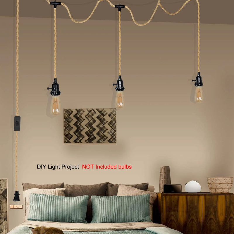 ALAISLYC Triple Plug in Pendant Lights with Cord Hanging Lamp Kit with Switch 22 Ft Long Hemp Rope Farmhouse Pndant Light Cord Lighting Fixture Kits DIY Hanging Light Home & Garden > Lighting > Lighting Fixtures ALAISLYC   