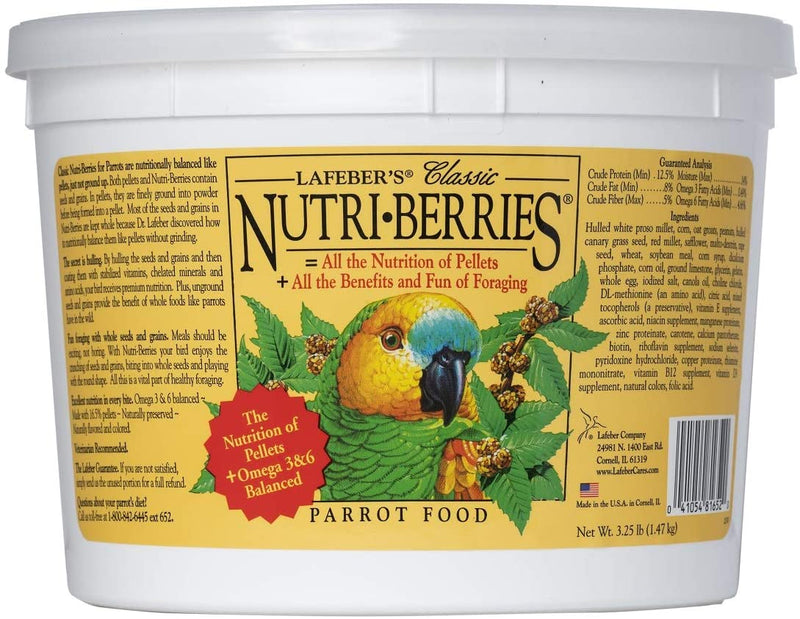 Lafeber Classic Nutri-Berries Pet Bird Food, Made with Non-Gmo and Human-Grade Ingredients, for Parrots, 3.25 Lb Animals & Pet Supplies > Pet Supplies > Bird Supplies > Bird Food Lafeber Company 3.25 Pound (Pack of 1)  