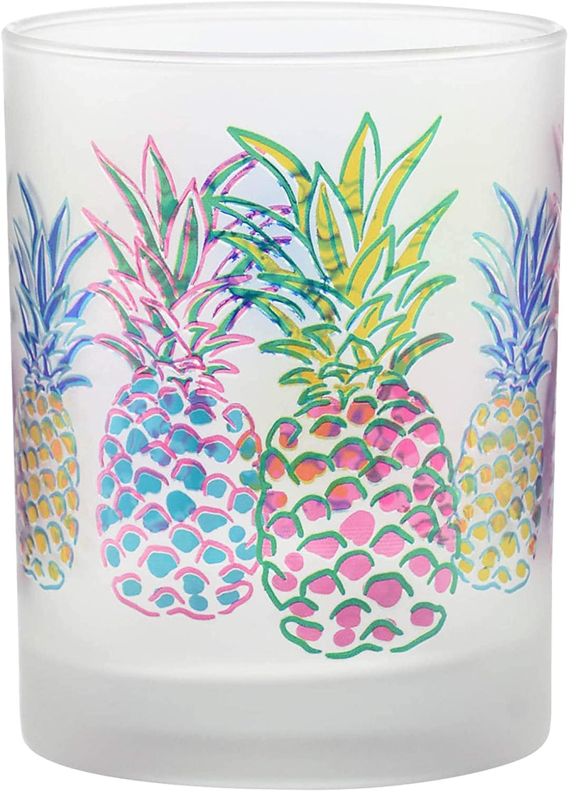 Culver Tropical Decorated Frosted Double Old Fashioned Tumbler Glasses, 13.5-Ounce, Gift Boxed Set of 2 (Pop Art Pineapples)