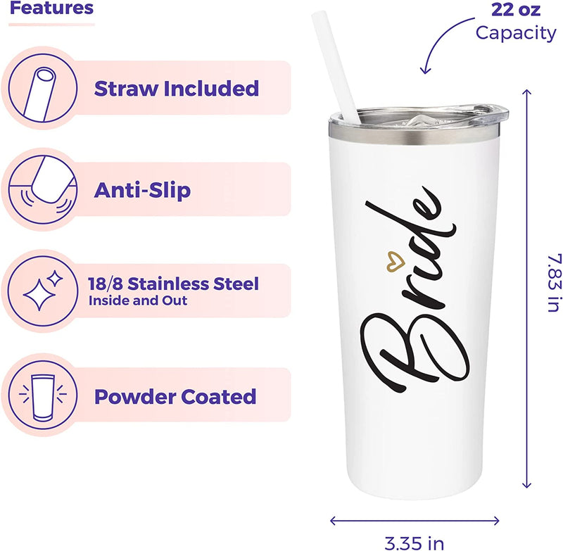 Sassycups Bride Tumbler Cup | Vacuum Insulated Stainless Steel Drink Cup with Straw for Bride to Be | Engagement Glass | Newly Engaged Travel Mug | Future Mrs Bachelorette Cup (22 Ounce, White)