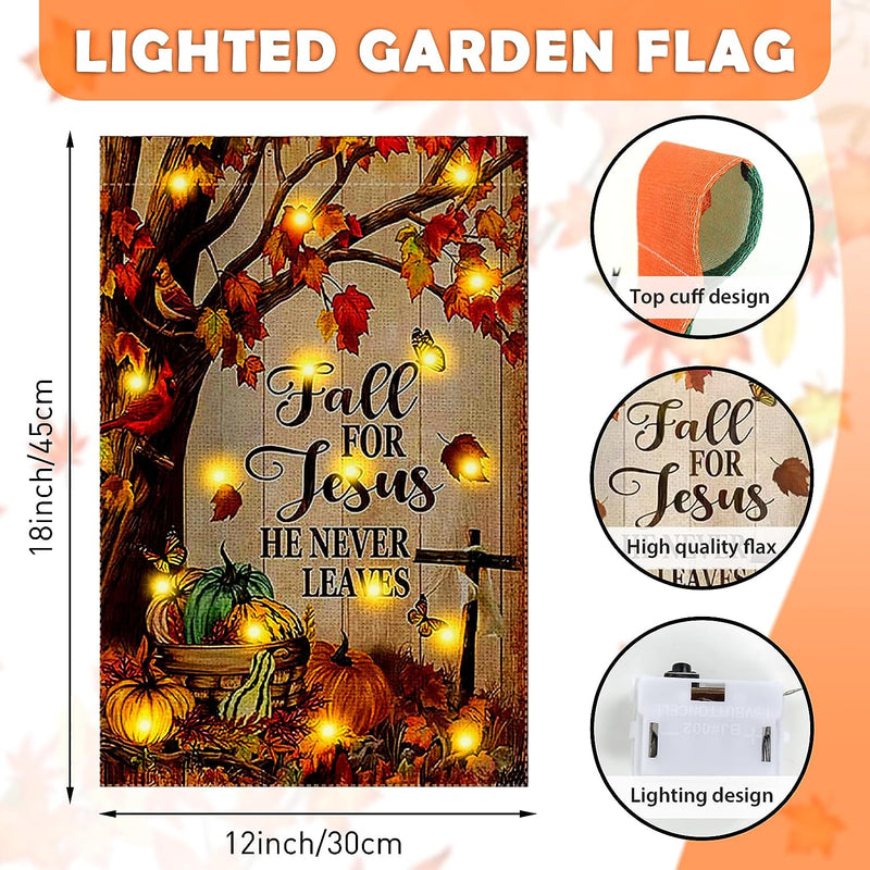 Fall Garden Flag Garden Flag with Lights Fall for Jesus He Never Leaves Garden Flag 12X18 Inch Double Sided Burlap Cross Pumpkin Welcome Yard Autumn outside Decoration (Fall-1)  clothmile   