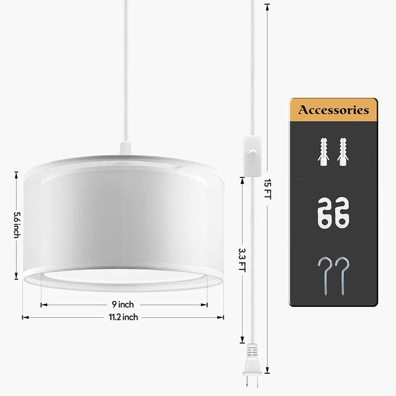 Plug in Pendant Light, 15FT Hanging Light with Plug in Cord, Pendant Lighting with Double Linen Shade Fabric Design, On/Off Switch, 3 Color Bulb Hanging Light Fixture for Bedroom, Living Room Dining Home & Garden > Lighting > Lighting Fixtures SLYYMY   