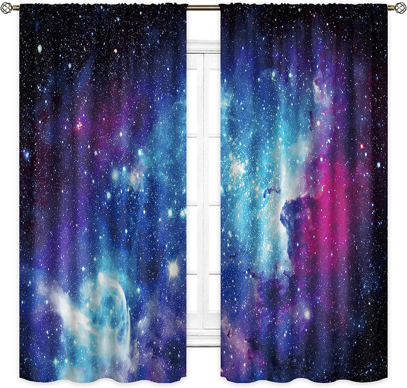 Riyidecor Galaxy Outer Space Nebula Curtains (2 Panels 42 X 63 Inch) Blue Rod Pocket Universe Planets Boys Fantasy Starry Black Art Printed Living Room Bedroom Window Drapes Treatment Fabric WW-CLLE Home & Garden > Decor > Window Treatments > Curtains & Drapes Pan na Blue 42Wx72H 