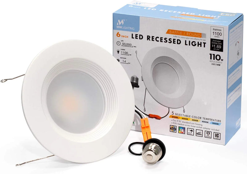 Mw 6 Inch 5 Selectable Color Temperature LED Downlight Retrofit with Baffle Trim, 2700/3000/3500/4000/5000K, Dimmable, 75W Incandescent Equal, 1100LM, Energy Star (1 Pack)