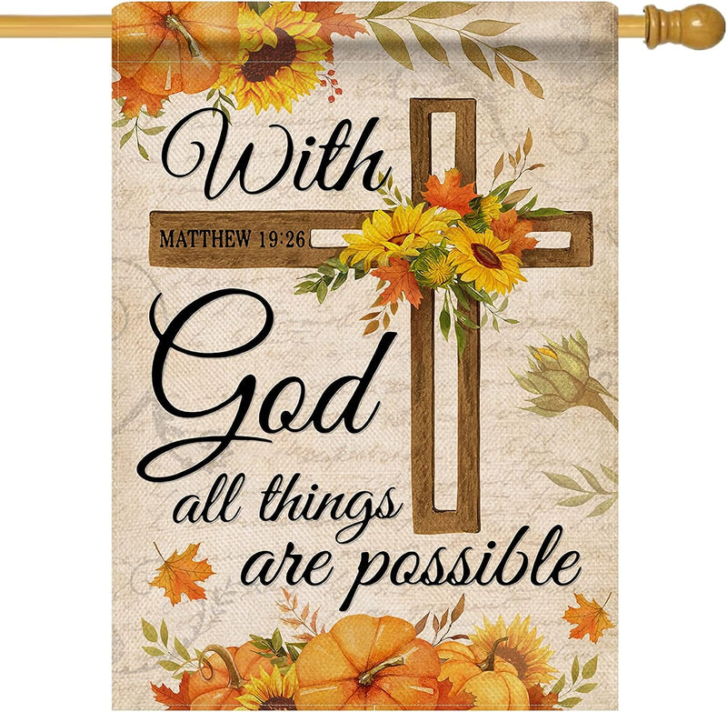 Selmad with God All Things Are Possible Easter Religious Garden Flag, Spring Summer Cross Small Outdoor Faith Home Yard Decor, Fall Autumn Inspirational Sunflowers outside Decoration Double Sided 12 X 18  Selmad Fall 28 × 40 Inch 