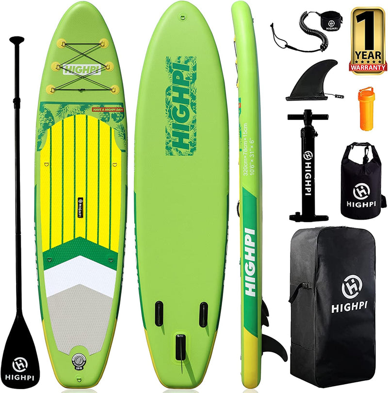 Highpi Inflatable Stand up Paddle Board 10'6''/11' Premium SUP W Accessories & Backpack, Wide Stance, Surf Control, Non-Slip Deck, Leash, Paddle and Pump, Standing Boat for Youth & Adult Sporting Goods > Outdoor Recreation > Winter Sports & Activities Highpi Pineapple Green  