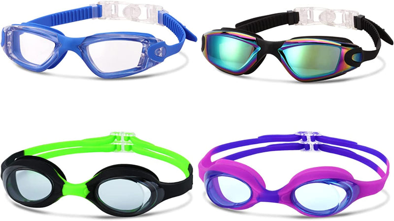 Romoc 4 Pack Kids Swim Goggles Ages 6-14 UV Protection anti Fog No Leaking Pool Swimming Goggles for Boys Girls Youth Sporting Goods > Outdoor Recreation > Boating & Water Sports > Swimming > Swim Goggles & Masks Romoc Blue+purple  