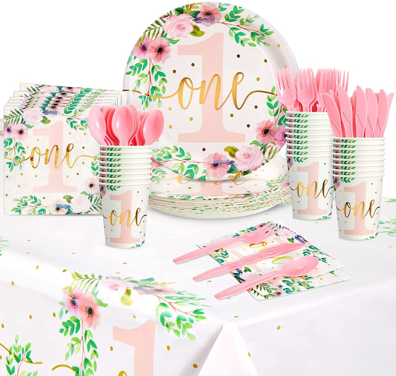 145 Piece Baby Girls 1St Birthday Party Decorations, Floral Little Miss Onederful Dinnerware with Tablecloth (Serves 24) Home & Garden > Decor > Seasonal & Holiday Decorations Juvale   
