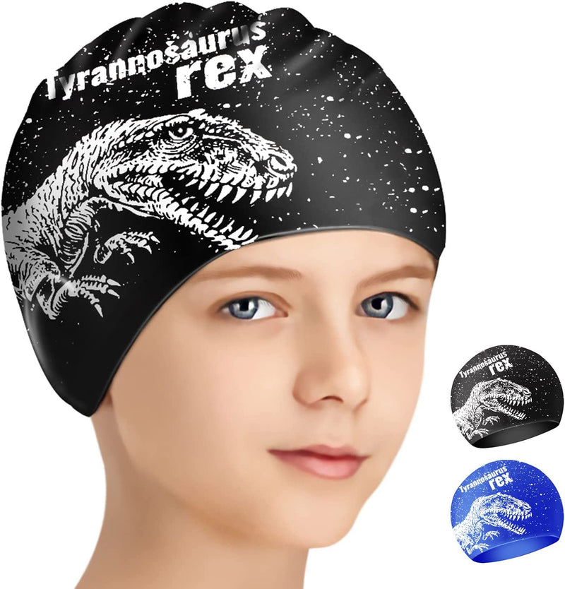 TCJJ 2 Pack Dinosaur Swim Caps for Kids Boys Girls, Durable Silicone Swimming Cap for Child Toddler Teen Youth Age 3-15, Waterproof Bathing Caps for Long and Short Hair Sporting Goods > Outdoor Recreation > Boating & Water Sports > Swimming > Swim Caps TCJJ   