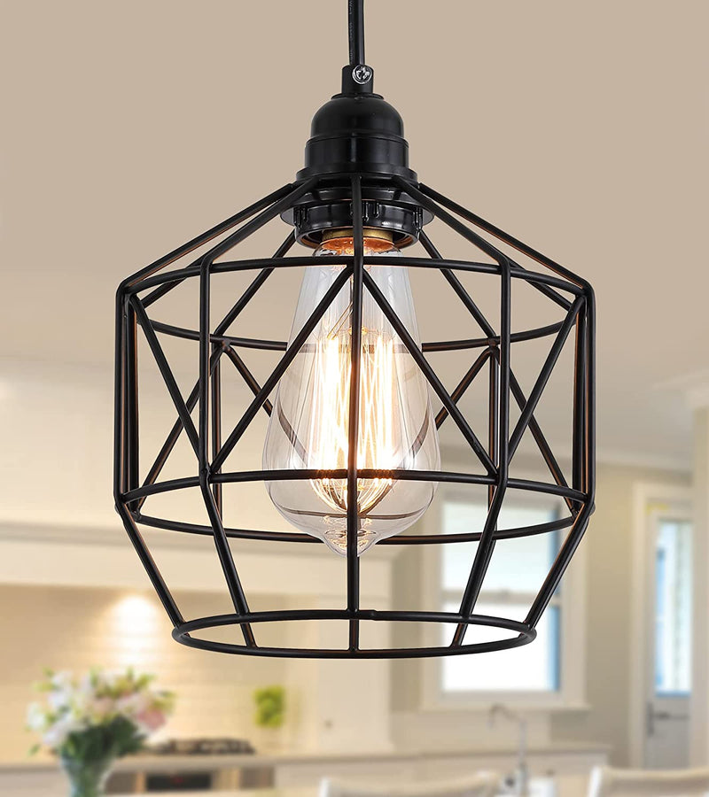Q&S Black Industrial Basket Cage Hanging Pendant Light Fixtures with Plug in Cord 15.1FT On/Off Switch for Kitchen Living Room Camper Bedroom Sink Included LED Bulb Home & Garden > Lighting > Lighting Fixtures aideng   