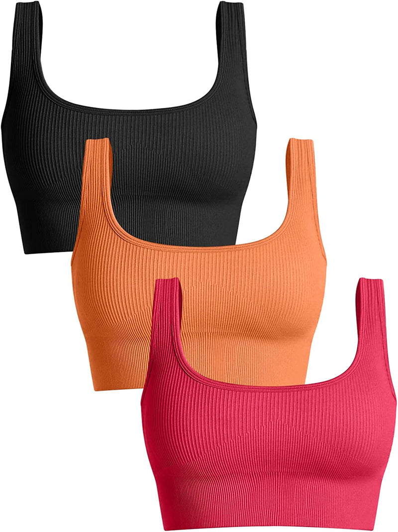 OQQ Women'S 3 Piece Medium Support Tank Top Ribbed Seamless Removable Cups Workout Exercise Sport Bra Sporting Goods > Outdoor Recreation > Winter Sports & Activities OQQ Black Orange Brightred Medium 