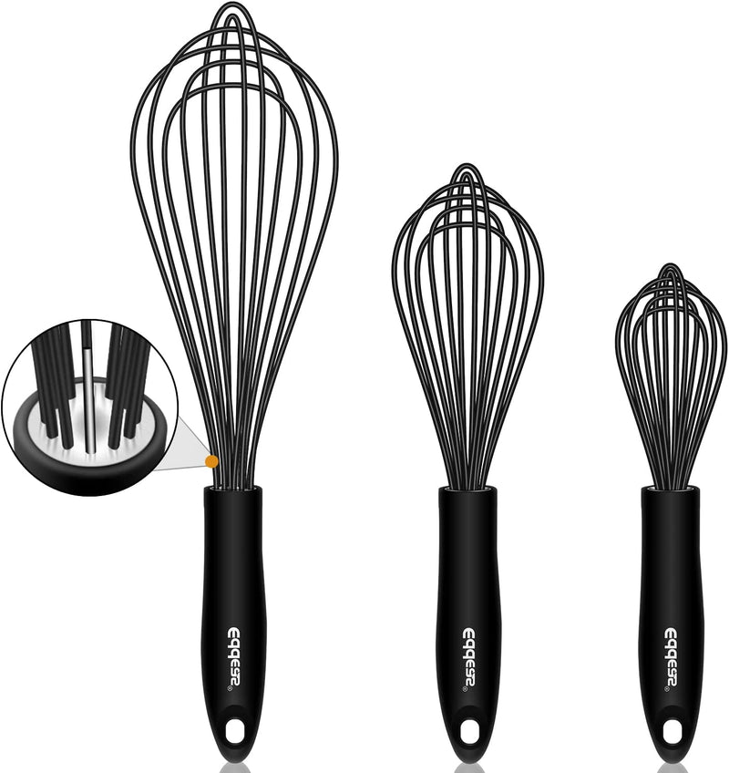 Silicone Whisk, Eddeas Stainless Steel & Silicone Non-Stick Coated Whisks Set of 3--Heat Resistant Kitchen Whisks, Balloon Egg Beater Perfect for Blending, Whisking, Beating & Stirring, Black Home & Garden > Kitchen & Dining > Kitchen Tools & Utensils Eddeas   