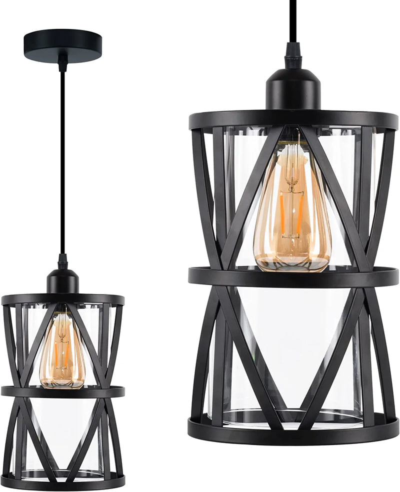 Dumaiway Industrial Pendant Light, 3-Light Metal Cage Rustic Hanging Pedant Lights Fixture Ceiling with Glass Shade for Kitchen Island, Dining Room, Cafe, Farmhouse, Foyer (Black E26 Base) Home & Garden > Lighting > Lighting Fixtures DuMaiWay 1-Glass  
