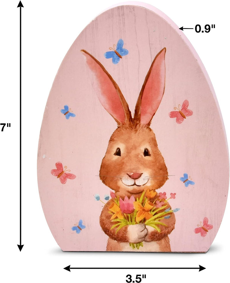 Wooden Easter Egg Table Decorations 3 Pack Decorative Spring Eggs Bunny Rabbit Flowers Design Tabletop Party Centerpiece Signs Rustic Wood Holiday Shelf Topper for Home Kitchen Office Mantle Decor
