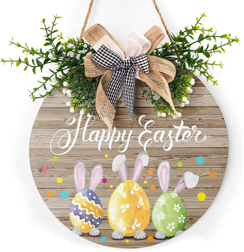 Happy Easter Wooden Hanging Sign Easter Colorful Eggs Bunny Sign Door Decoration Rustic Easter Wood Wreath Sign for Easter Spring Holiday Front Door Wall Rustic Farmhouse Porch Decor 12 X 12 Inch