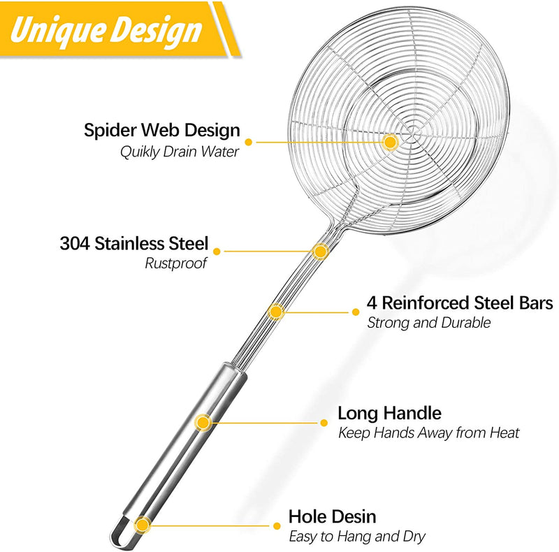 Pack of 2 Large Spider Strainer, Stainless Steel Skimmer Basket,Kitchen Ladle Strainers,Mesh Spoons with Long Handle, Cooking Tools for Frying, Boiling Noodles, Dumplings, Pasta