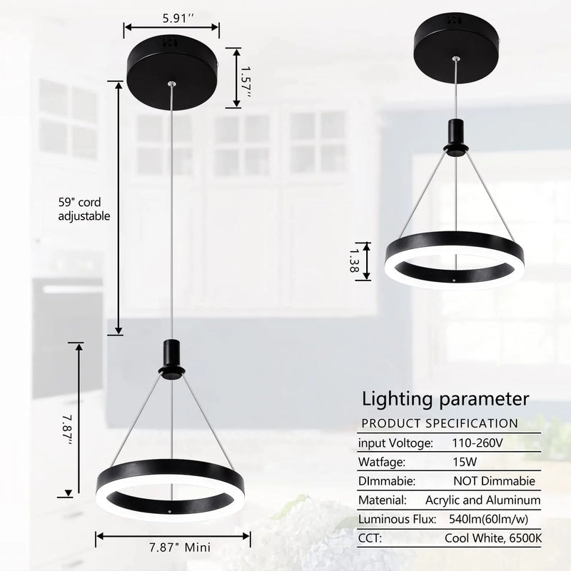 Dhrtara LED round Dimmable Pendant Light Fixture,Kitchen Island Black Modern Chandelier 59In Cord Adjustable Height 1-Ring for Dining Room Bedroom Foyer Hallway Bar,15W