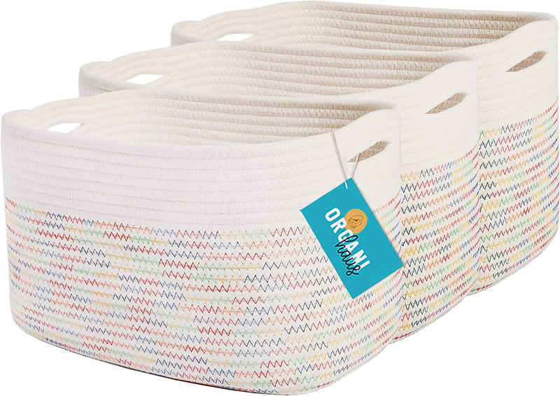 Organihaus 3-Pack Rope Rainbow Storage Baskets for Shelves | Rainbow Baskets for Classroom | Baby Basket for Nursery Storage | Rainbow Storage Bins & Toy Organizer | Colorful Baskets for Baby Room Home & Garden > Household Supplies > Storage & Organization OrganiHaus Rainbow/Off White 3-Pack 