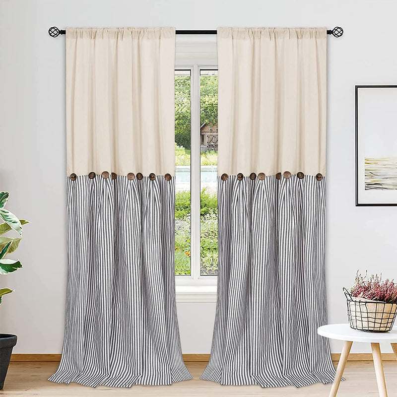 Cotton Linen Farmhouse Curtains Boho Rustic Button Curtains Natural and Dark Grey Stripe Color Block Curtain Rod Pocket & Back Tab Window Drapes for Bedroom Living Room(52 X 84 Inch, 2 Panels) Home & Garden > Decor > Window Treatments > Curtains & Drapes BLEUM CADE Dark Grey Stripe W52 x L96 