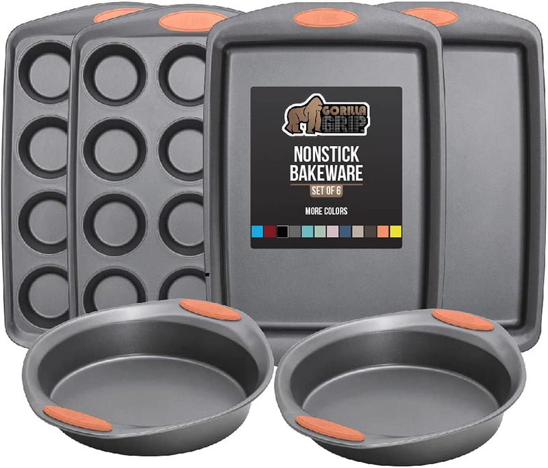 Gorilla Grip Nonstick, Heavy Duty, Carbon Steel Bakeware Sets, 4 Piece Kitchen Baking Set, Rust Resistant, Silicone Handles, 2 Large Cookie Sheets, 1 Roasting Pan and 1 Bread Loaf Pan, Turquoise Home & Garden > Kitchen & Dining > Cookware & Bakeware Hills Point Industries, LLC Orange Bakeware Sets Set of 6