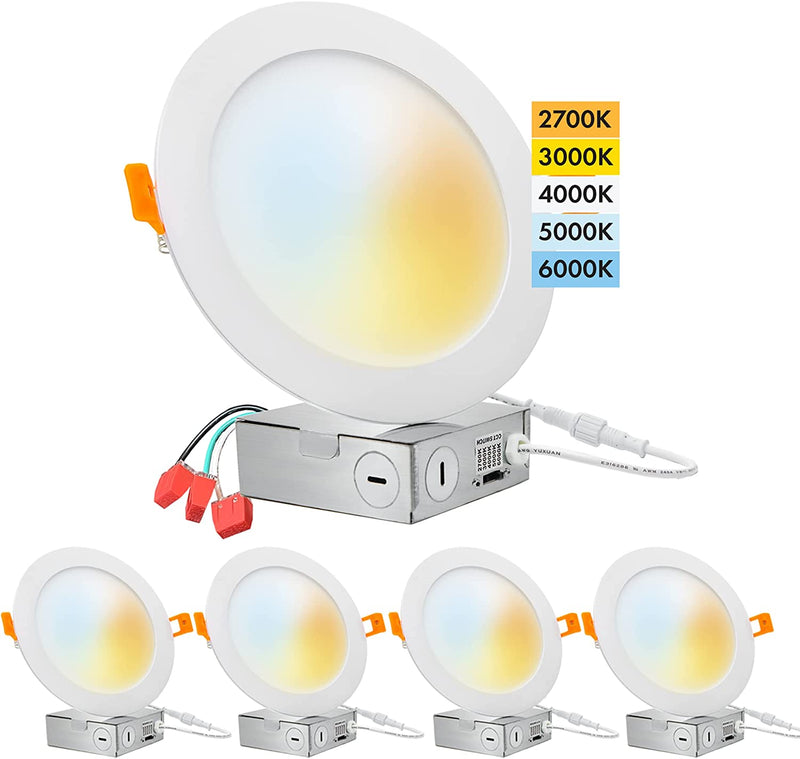 PROCURU 4-Pack 6-Inch 2700K-6000K LED Color Selectable Ultra-Thin Recessed Ceiling Downlight with J-Box, Dimmable Can-Killer Downlight