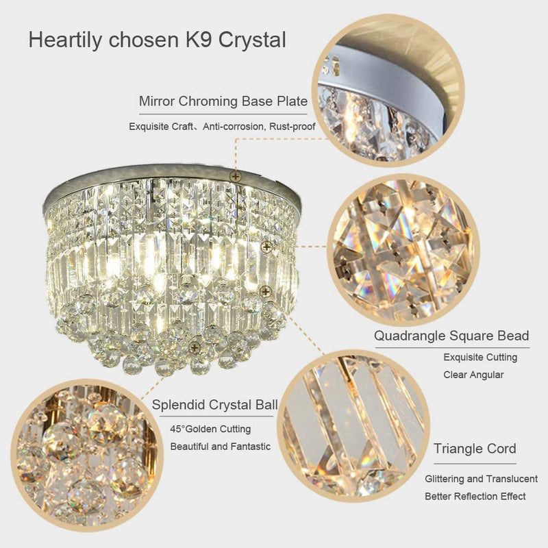 SEFINN FOUR Flush Mounted round Ceiling Chandelier, Dimmable Temperature,11 In. Height and 20 In. Diameter, K9 Crystal Raindrop Light for Bed Room, Living Room, Bathroom, Silver Home & Garden > Lighting > Lighting Fixtures > Chandeliers SEFINN FOUR   
