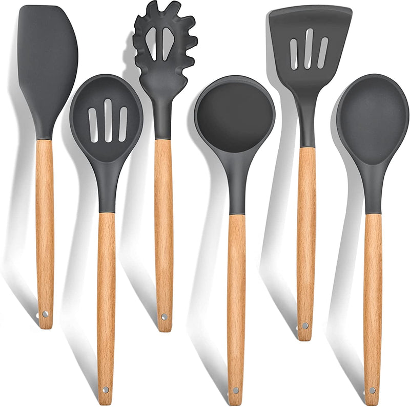 Cooking Utensils Set of 6, E-Far Silicone Kitchen Utensils with Wooden Handle, Non-Stick Cookware Friendly & Heat Resistant, Includes Spatula/Ladle/Slotted Turner/Serving Spoon/Spaghetti Server(Black) Home & Garden > Kitchen & Dining > Kitchen Tools & Utensils E-far Dark Gray 6 