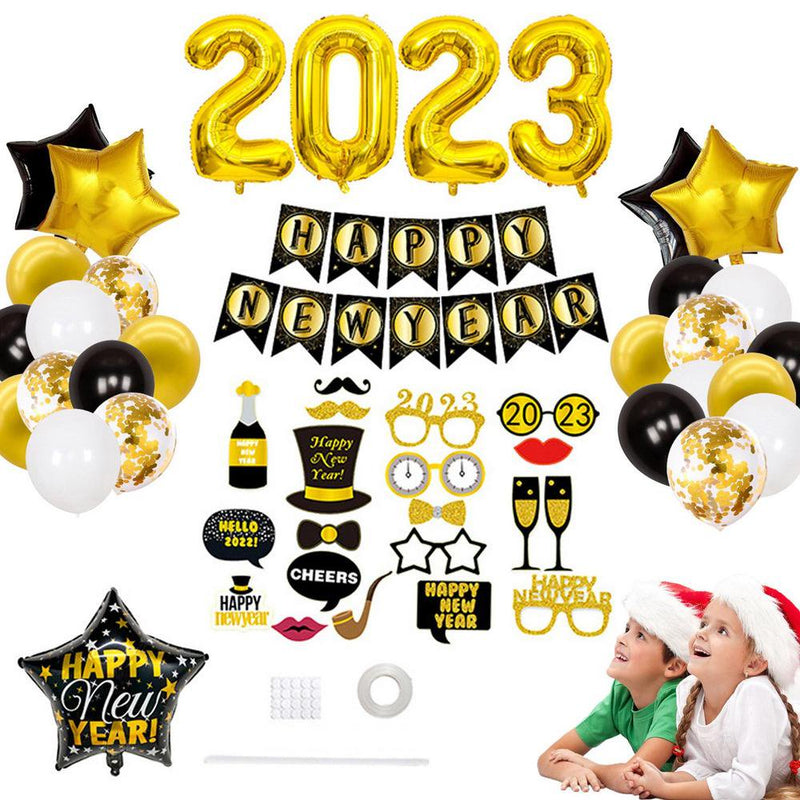 Geruite 2023 New Year Balloons Happy New Year Inflatable Foil Balloons 2023 Balloons Set Happy New Year Supplies for Party Decor & Event Decorations Fit Arts & Entertainment > Party & Celebration > Party Supplies Geruite 1  