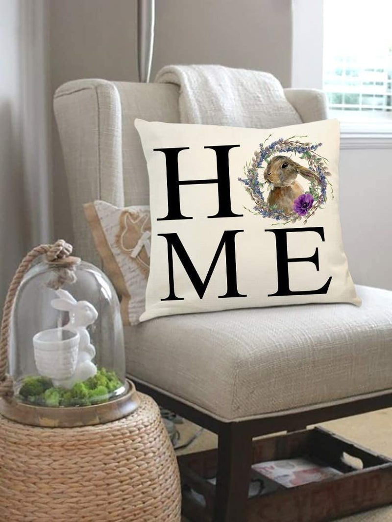 4TH Emotion Spring Easter Bunny Lavender Home Pillow Cover Family Saying Farmhouse Decorations Cushion Case for Sofa Couch Polyester Linen 18X18 Inches Home & Garden > Decor > Seasonal & Holiday Decorations 4TH Emotion   