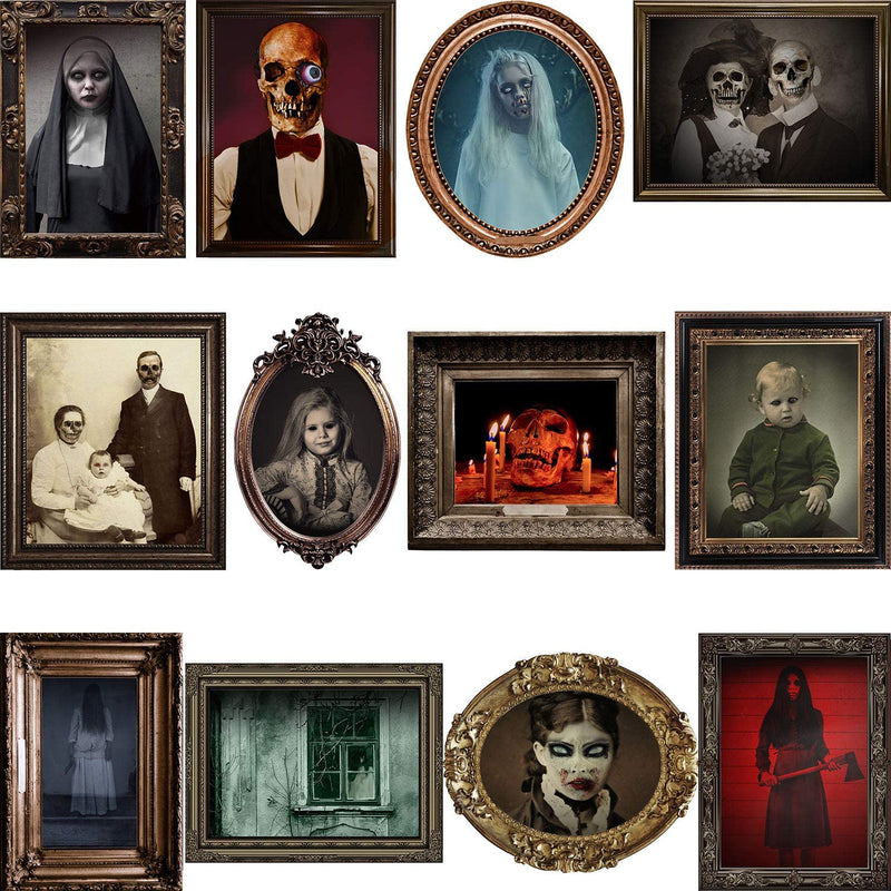 Halloween Decorations, 12 Pieces Laminated Halloween Gothic Decor Poster Frames Durable Haunted House Creepy Portraits Pictures Spooky Home Decor  DUAIAI   
