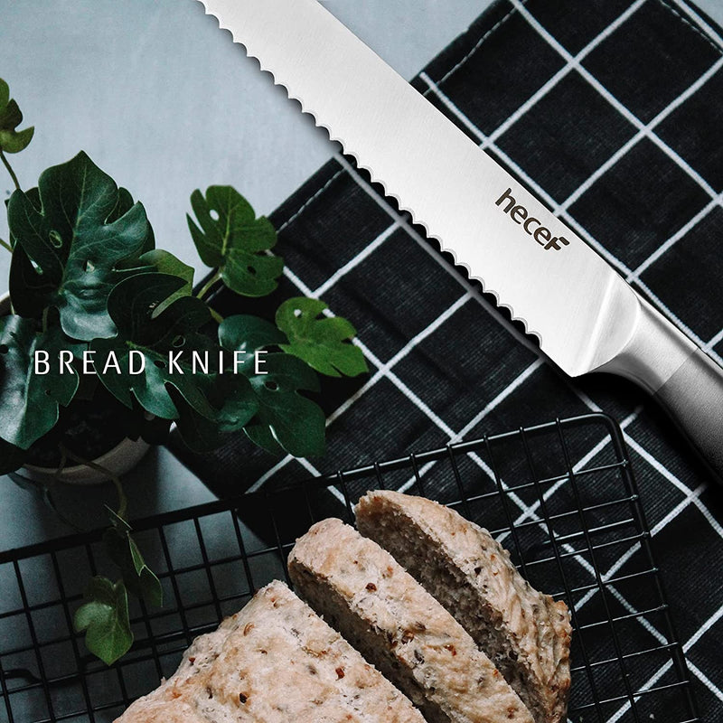 Hecef Gradient Black Kitchen Knife Set of 5, Chef Knife Set with Satin Finished Blade & Hollow Handle & Protective Sheaths, Includes Chef, Santoku, Bread, Utility & Paring Knife Home & Garden > Kitchen & Dining > Kitchen Tools & Utensils > Kitchen Knives hecef   