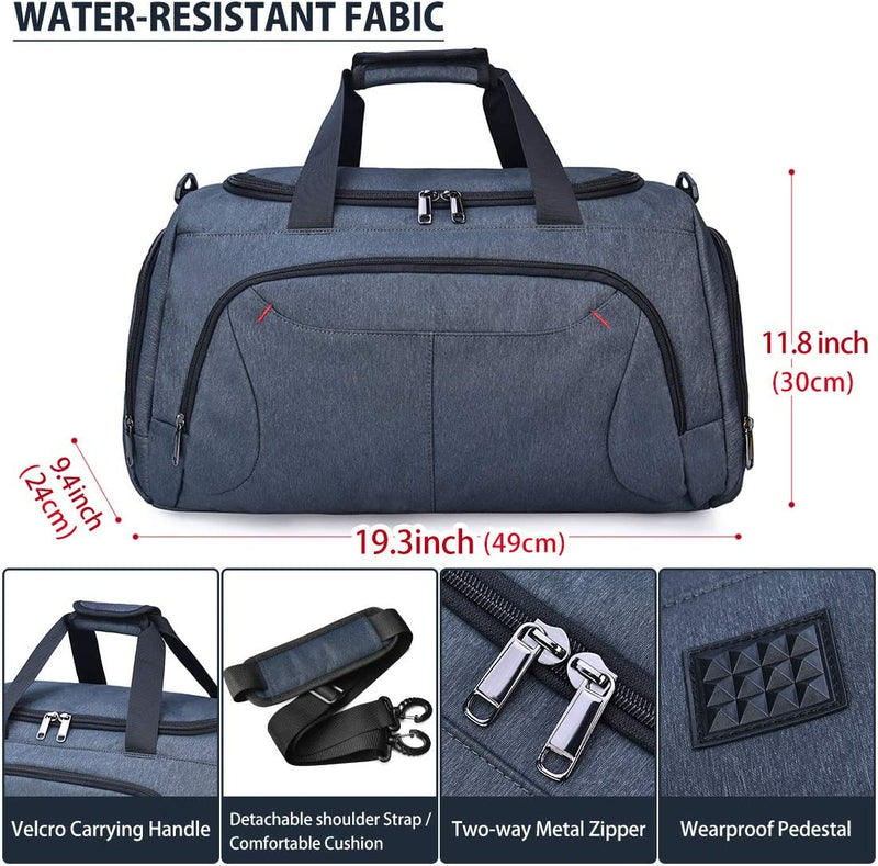 Gym Duffle Bag Waterproof Large Sports Bags Travel Duffel Bags with Shoes Compartment Weekender Overnight Bag Men Women 40L Grey Blue