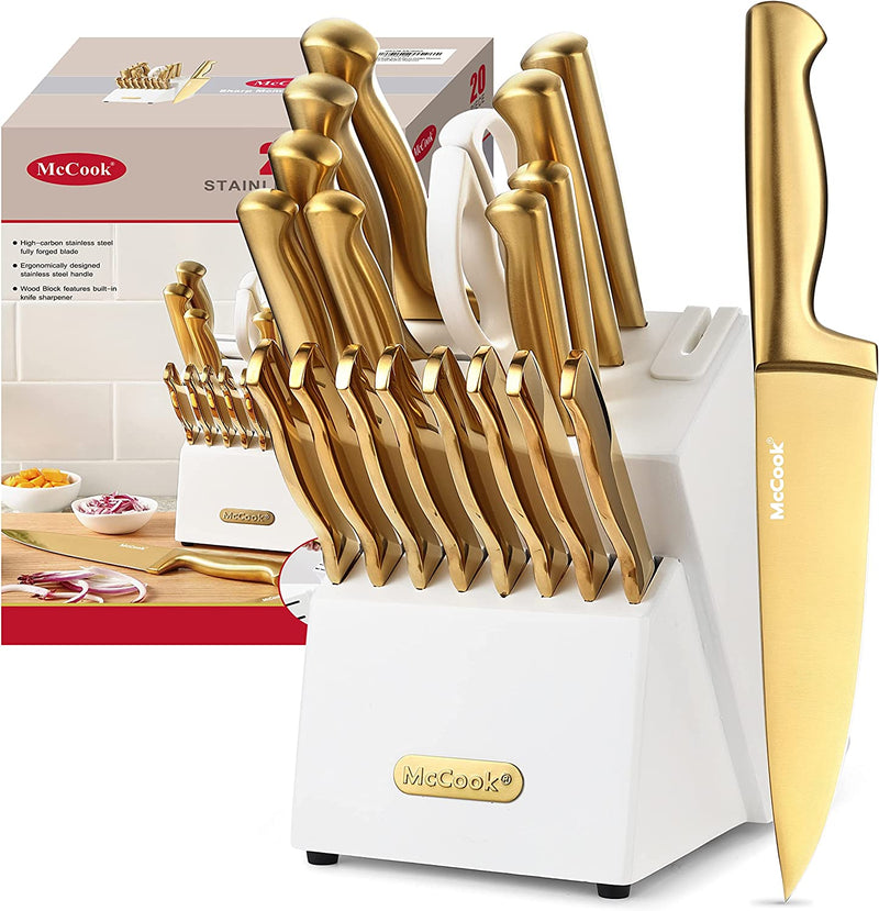 Mccook MC29 Knife Sets,15 Pieces German Stainless Steel Kitchen Knife Block Sets with Built-In Sharpener Home & Garden > Kitchen & Dining > Kitchen Tools & Utensils > Kitchen Knives McCook Golden/White 20 Pieces 