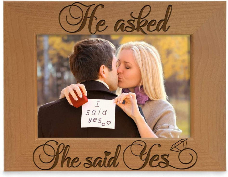 Kate Posh - He Asked, She Said Yes Engraved Natural Wood Picture Frame - Engagement Gifts, Best Friends Gifts, Valentine'S Day Gifts, Christmas Gifts, Future Mr. & Mrs. Gifts (5X7-Vertical) Home & Garden > Decor > Picture Frames KATE POSH 4x6-Horizontal (She Said Yes)  