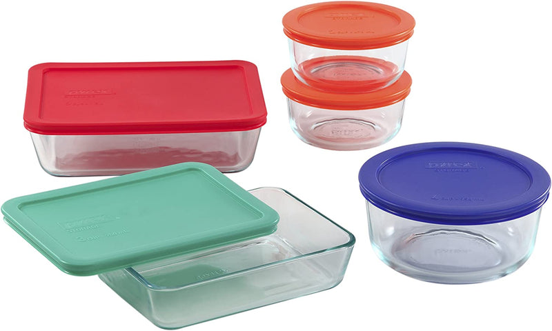 Pyrex Simply Store 10-Pc Glass Food Storage Container Set with Lid, 6-Cup, 3-Cup, 4-Cup & 2-Cup round & Rectangular Meal Prep Containers with Lid, Bpa-Free Lid, Dishwasher, Microwave and Freezer Safe