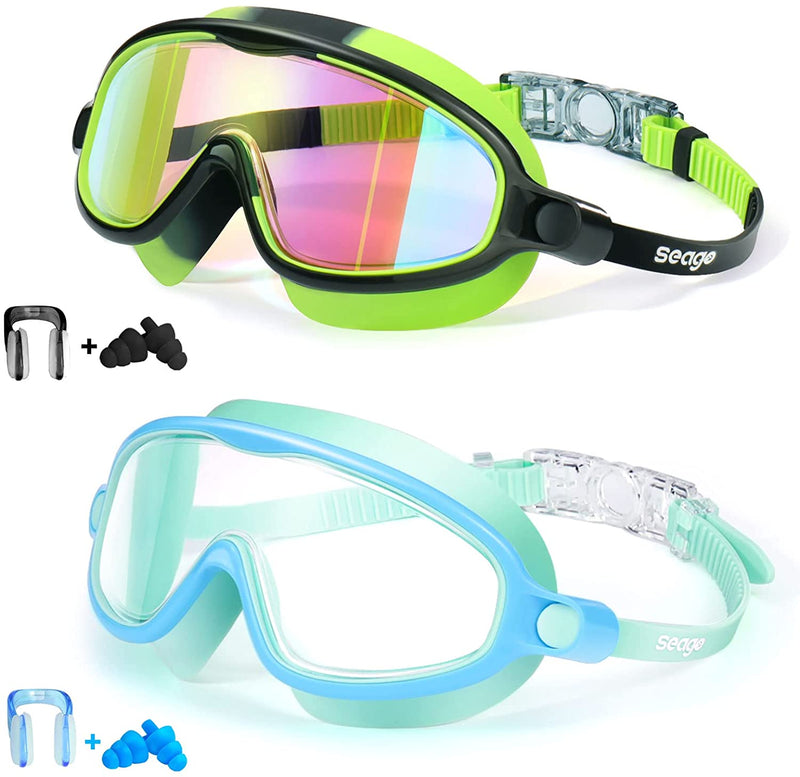 Swim Goggles 2 Pack Anti-Fog Anti-Uv Wide View Swimming Goggles for Kids 3-15 Sporting Goods > Outdoor Recreation > Boating & Water Sports > Swimming > Swim Goggles & Masks Seago Light Blue & Black/Green  