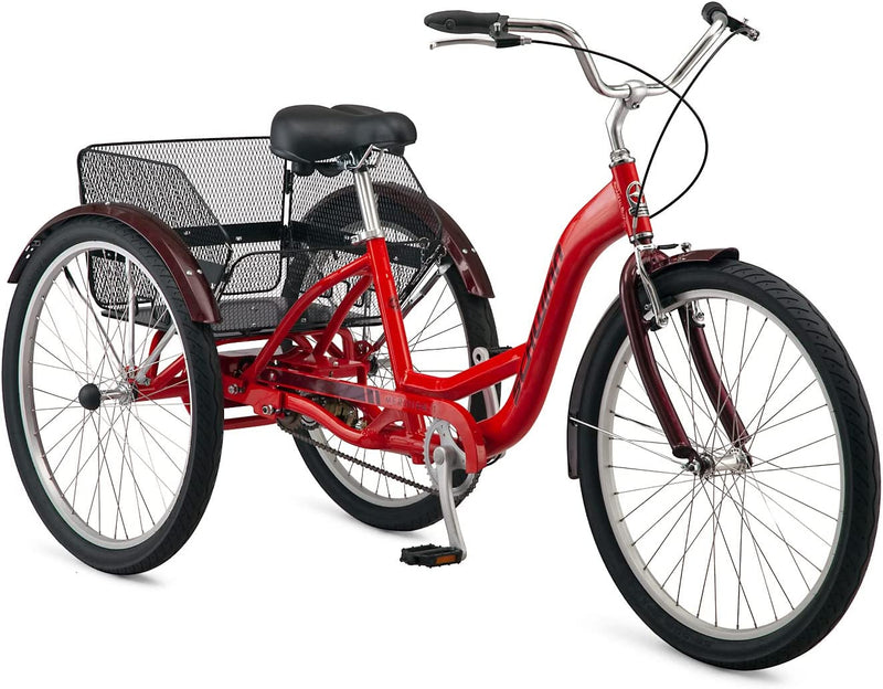 Schwinn Meridian Adult Tricycle Bike, Three Wheel Cruiser, 26-Inch Wheels, Low Step-Through Aluminum Frame, Adjustable Handlebars Sporting Goods > Outdoor Recreation > Cycling > Bicycles Pacific Cycle, Inc. Red 1-speed 26-Inch Wheels