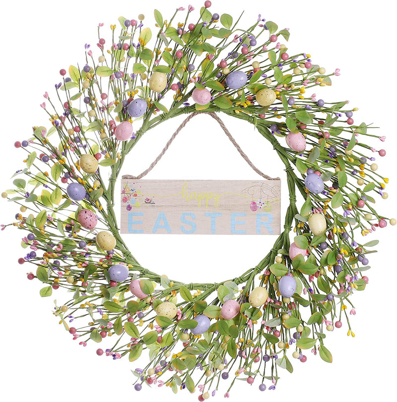 Violetevergarden Easter Egg Wreath,20 Inch Artificial Easter Wreaths for Front Door Easter Wreaths with Happy Easter Sign Rustic Easter Decorations for Indoor Outdoor Decor and Easter Celebration