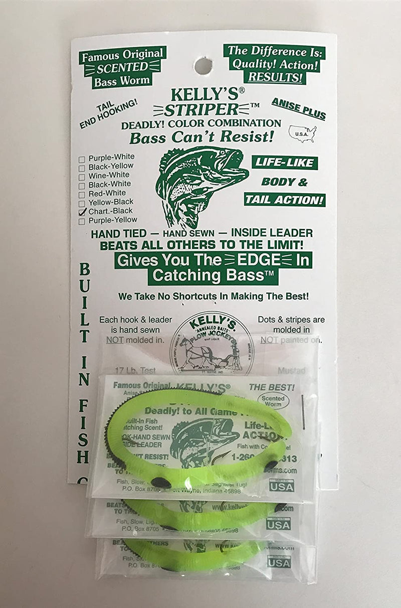 Striper Chartreuse Black Striped Kellys Worms for Bass 3 Pack Bundle Rigged Lures Bass Fishing Anise Scented Licorice Smelling Bait Sporting Goods > Outdoor Recreation > Fishing > Fishing Tackle > Fishing Baits & Lures Kelly's   