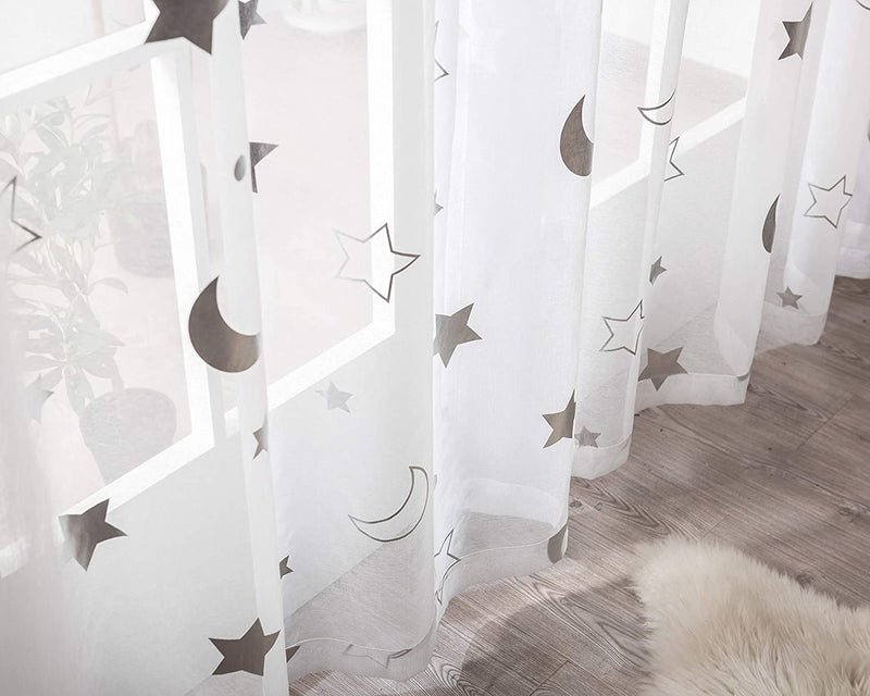 SEEKRIGHT Cute Star Sheer Curtains for Kids Bedroom - Silver Foil Print White Sheer Curtains for Girls Room Grommet Star and Moon Lace Sheer Curtains for Bedroom 95 Inch Length, Set 2 Panels