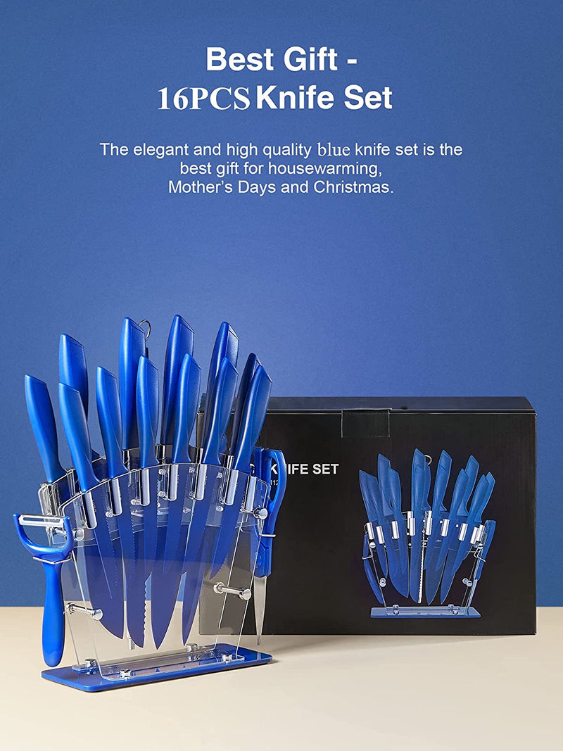 Knife Set, No Rust 16 Pieces Knives Set , Knife Block Set with Easy Clean Acrylic Stand, Super Sharp Kitchen Knife Set with a Vegetable Peeler, Blue Home & Garden > Kitchen & Dining > Kitchen Tools & Utensils > Kitchen Knives KDIK   