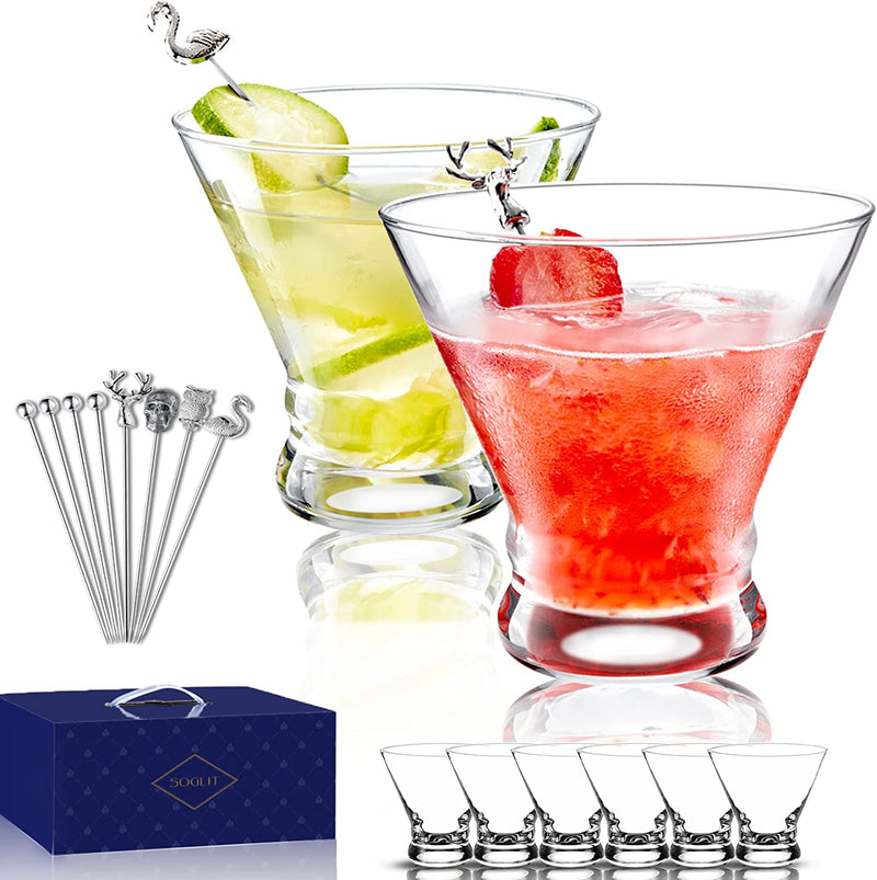 Stemless Martini Glasses Set of 6 with Extra 6 Cocktail Picks, Hand Blown Crystal Martini Glasses，Lead-Free 8Oz Manhattan Glasses for Cocktails, Cosmopolitan Martini Glasses with Sturdy Base Home & Garden > Kitchen & Dining > Barware SOGLIT 16 Piece Set  