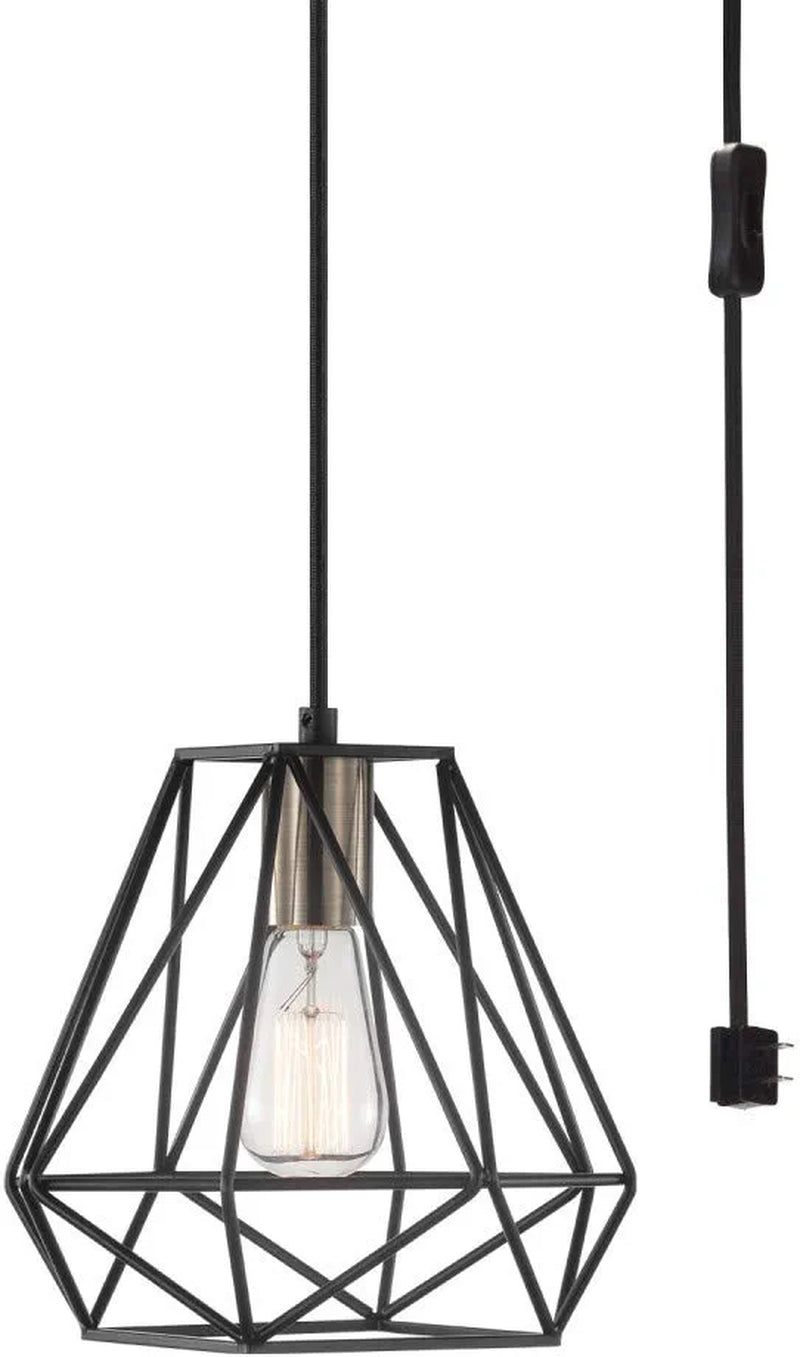 Globe Electric 60846 1-Light Plug-In or Hardwire Pendant Lighting, Dark Bronze, Antique Brass Accent Socket, Cage Shade, 15-Foot Black Fabric Cord, In-Line On/Off Switch, Pendant Lights Kitchen Island Home & Garden > Lighting > Lighting Fixtures Globe Electric Dark Bronze  