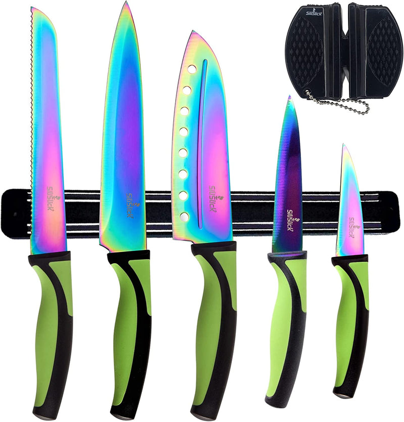Stainless Steel Rainbow Knife Set - Titanium Coated Kitchen Starter Set with Utility Knife, Santoku, Bread, Chef, & Paring Knives with Black Sharpener Tool & Magnetic Mounting Rack - Silislick Home & Garden > Kitchen & Dining > Kitchen Tools & Utensils > Kitchen Knives SiliSlick® Green Handle | Black Rack  