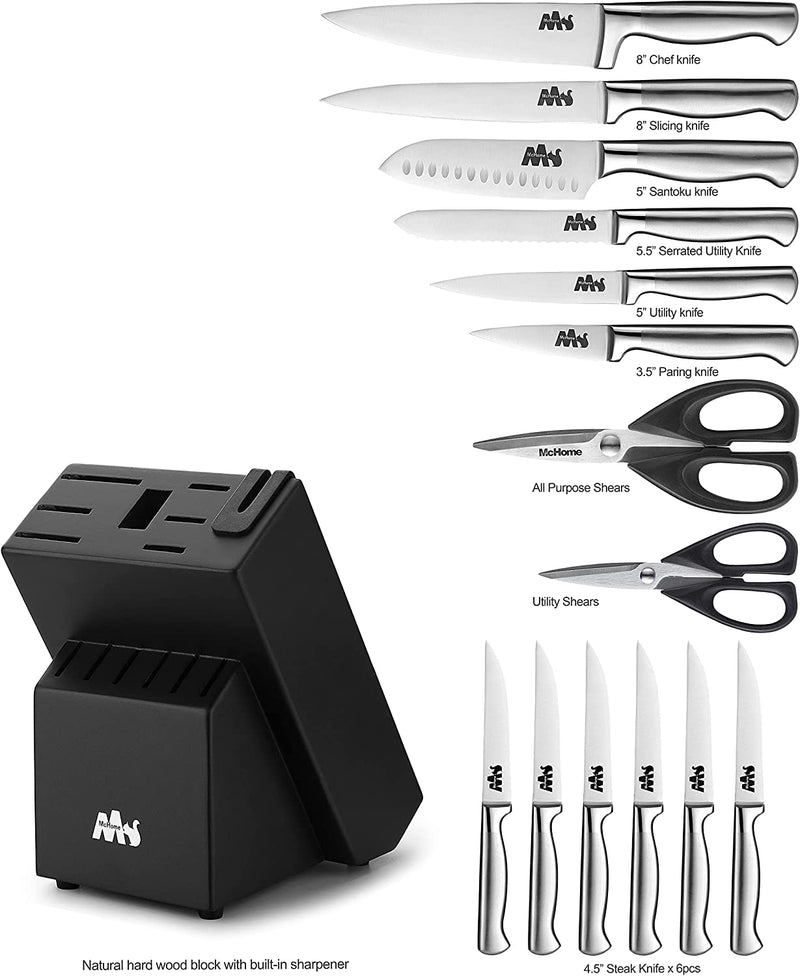 Mchome MHK21 Knife Sets,15 Pieces German Stainless Steel Kitchen Knives Block Set with Built-In Sharpener