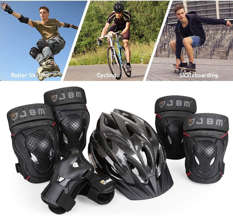 JBM 7 Pieces Protective Gear Set - Bike Helmet for Adult Knee&Elbow Pads and Wrist Guards, Adjustable Cycling Helmet with Visor Safety Pad Set Outdoor Sports Protective Gear Set (Black, Adult) Sporting Goods > Outdoor Recreation > Cycling > Cycling Apparel & Accessories > Bicycle Helmets JBM international   