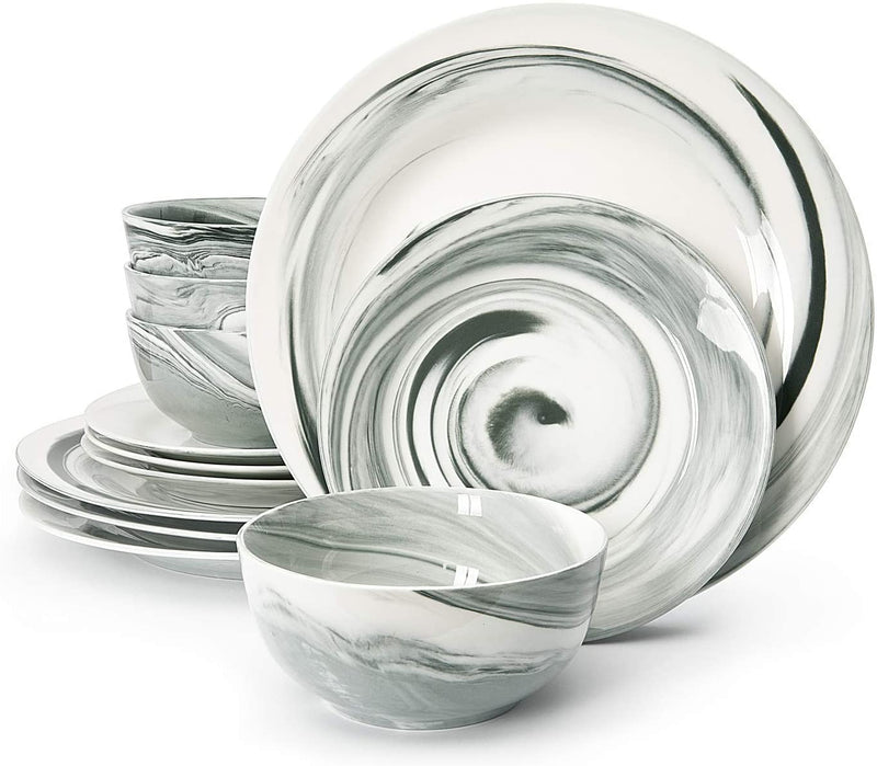 Divitis Home Fusion Porcelain Dinnerware Set 12 Piece, Black round Plates (Soup Bowls, Dinner Plates, Salad Plates), Dish Set, Dinner Plates, Plates and Bowls Sets, Dishes Dinnerware Sets